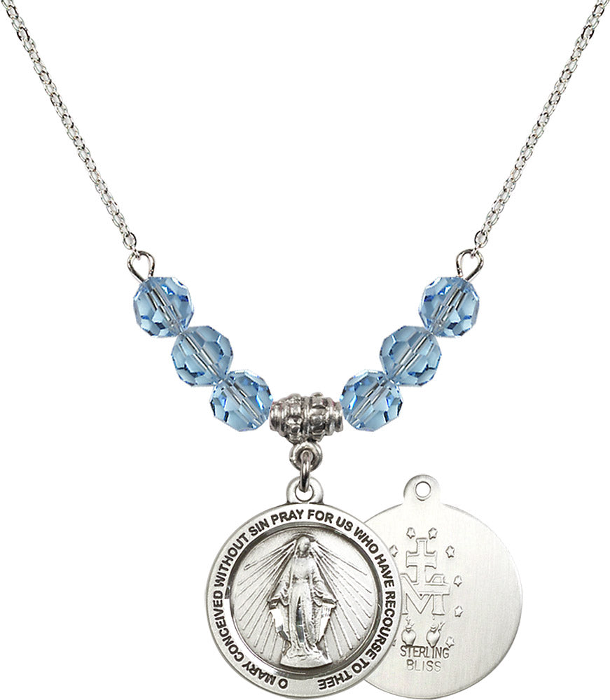 Sterling Silver Miraculous Birthstone Necklace with Aqua Beads - 4056
