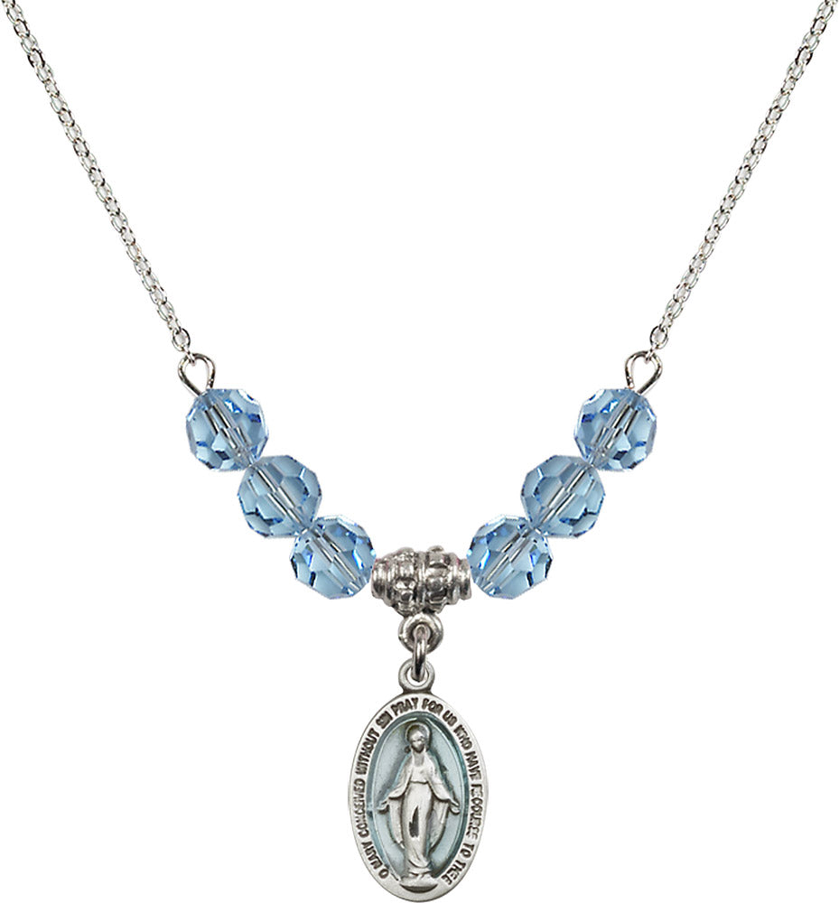 Sterling Silver Miraculous Birthstone Necklace with Aqua Beads - 4122