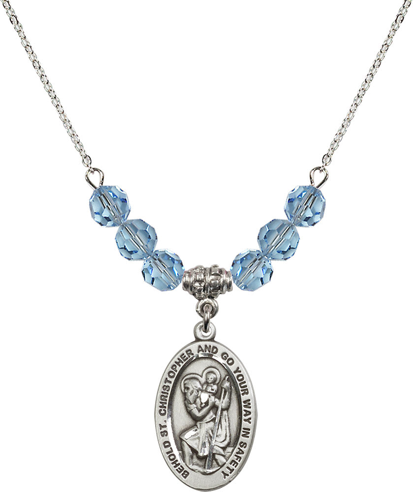 Sterling Silver Saint Christopher Birthstone Necklace with Aqua Beads - 4123