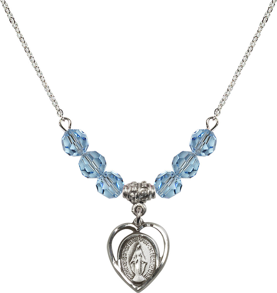 Sterling Silver Miraculous Birthstone Necklace with Aqua Beads - 4125