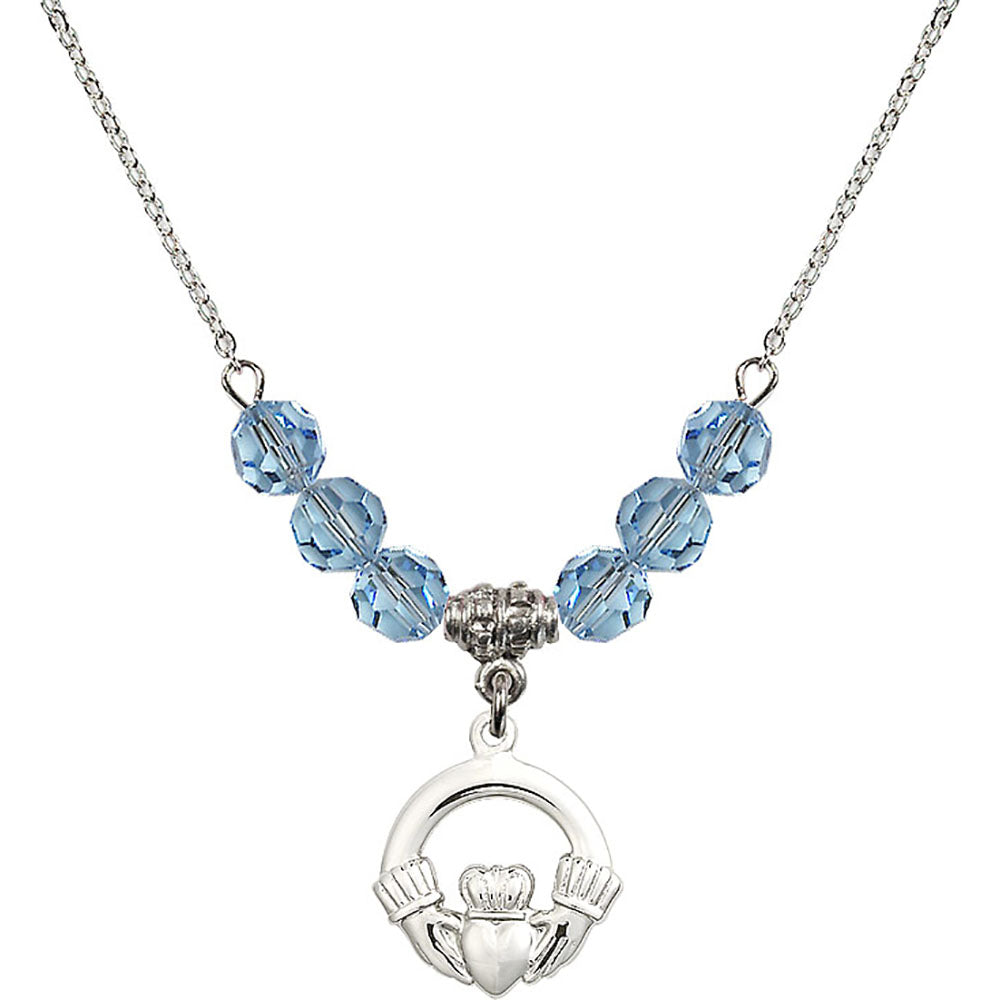 Sterling Silver Claddagh Birthstone Necklace with Aqua Beads - 4138