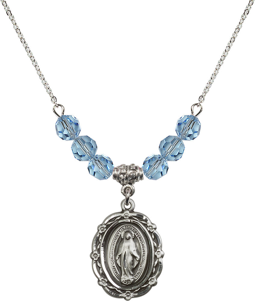 Sterling Silver Miraculous Birthstone Necklace with Aqua Beads - 4146