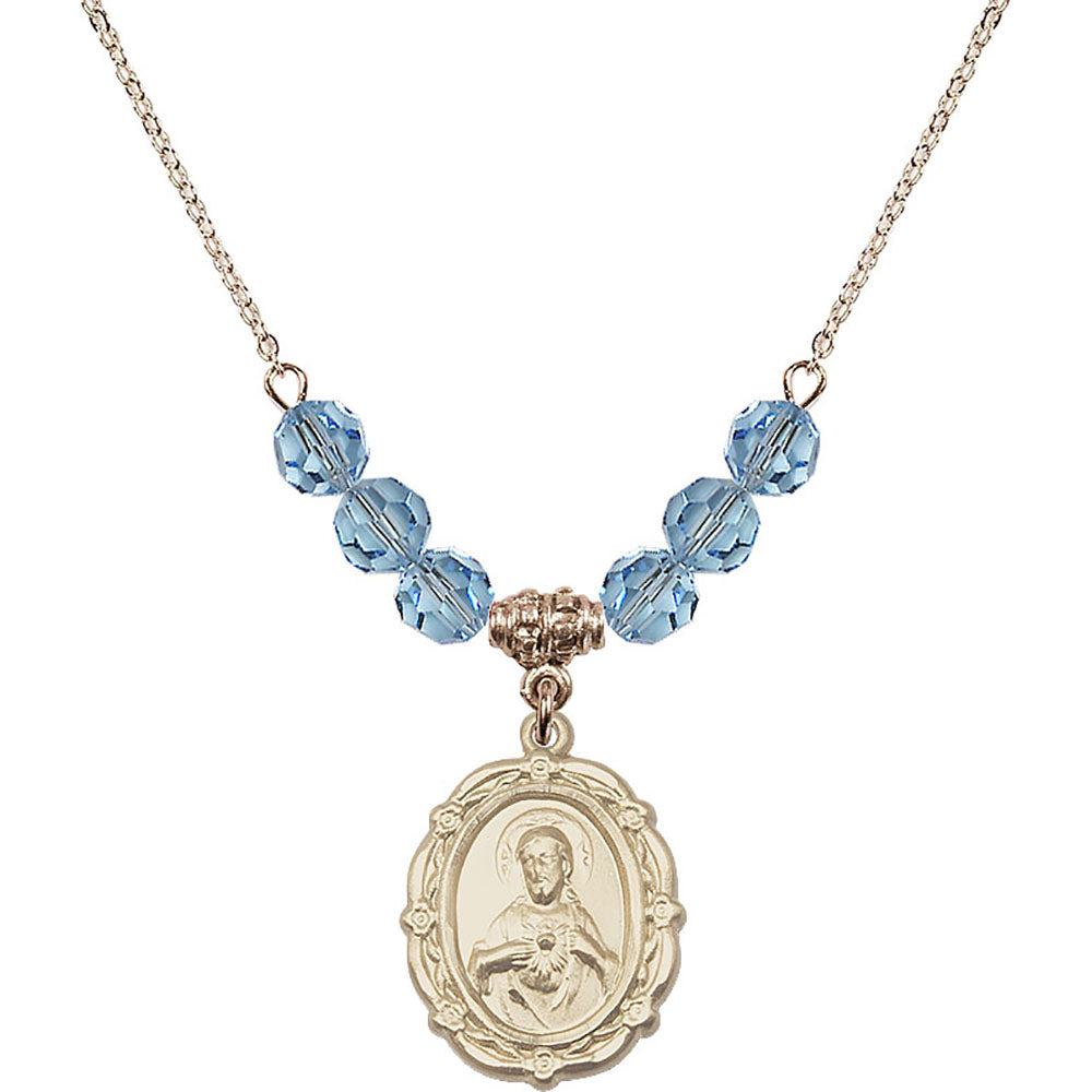 14kt Gold Filled Scapular Birthstone Necklace with Aqua Beads - 4146