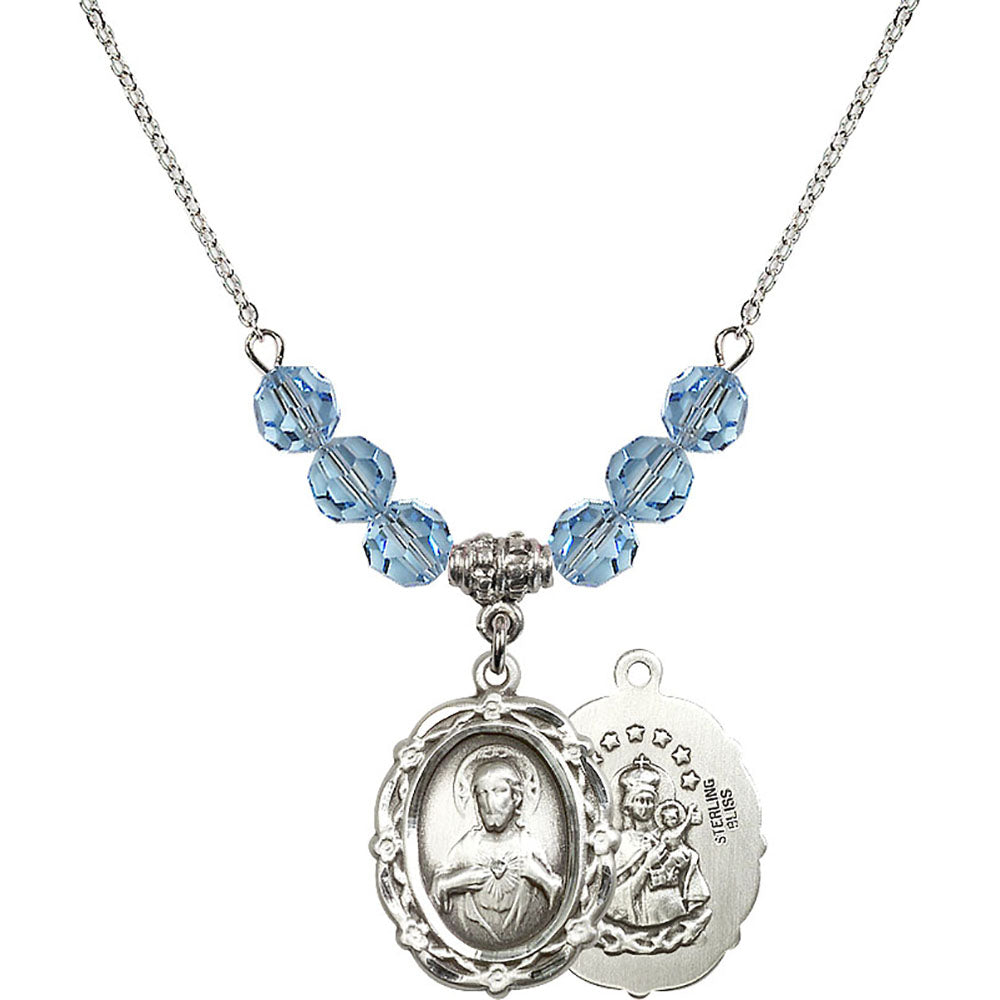 Sterling Silver Scapular Birthstone Necklace with Aqua Beads - 4146