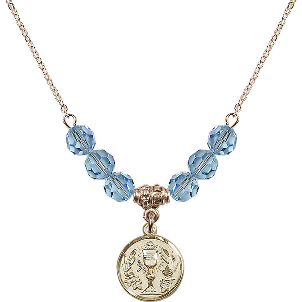 14kt Gold Filled Communion Chalice Birthstone Necklace with Aqua Beads - 4203