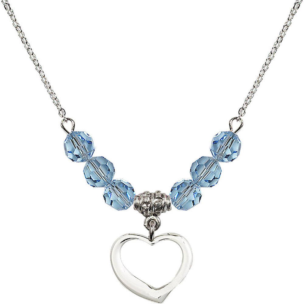 Sterling Silver Heart Birthstone Necklace with Aqua Beads - 4208