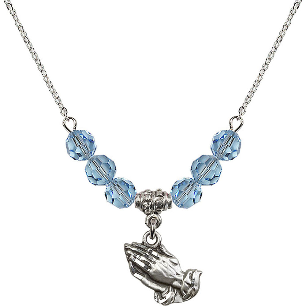 Sterling Silver Praying Hands Birthstone Necklace with Aqua Beads - 4219