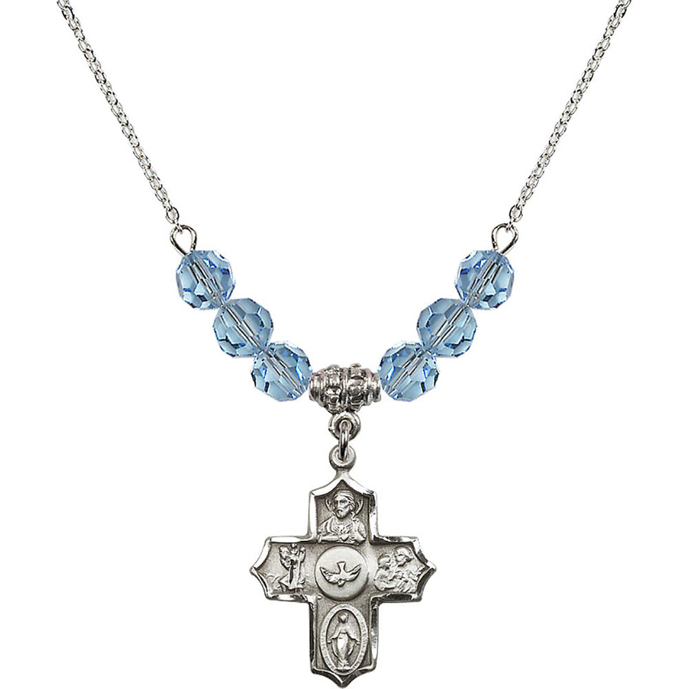 Sterling Silver 5-Way Birthstone Necklace with Aqua Beads - 4255