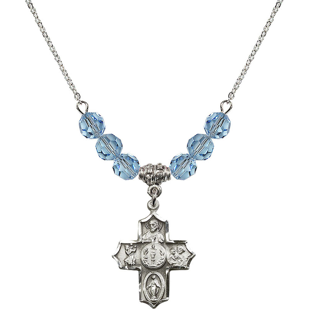 Sterling Silver 4-Way Birthstone Necklace with Aqua Beads - 4256