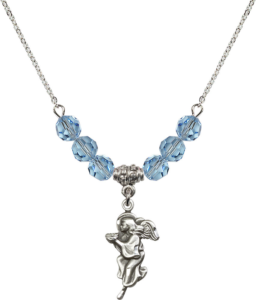 Sterling Silver Guardian Angel Birthstone Necklace with Aqua Beads - 4260