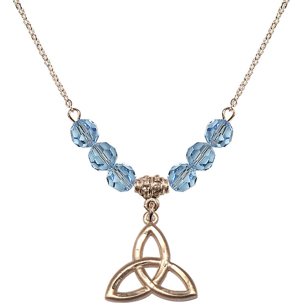 14kt Gold Filled Trinity Irish Knot Birthstone Necklace with Aqua Beads - 5101