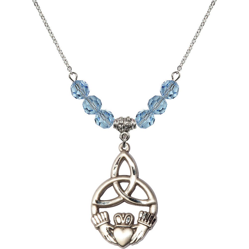 Sterling Silver Irish Knot / Claddagh Birthstone Necklace with Aqua Beads - 5102