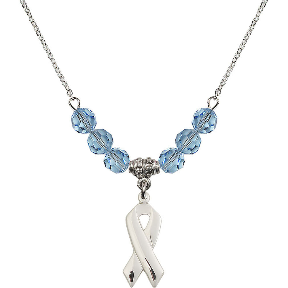 Sterling Silver Cancer Awareness Birthstone Necklace with Aqua Beads - 5150