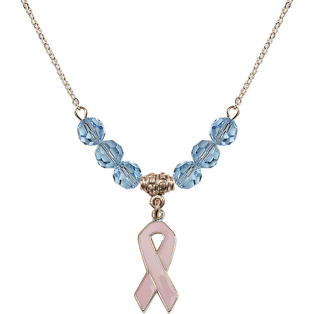 14kt Gold Filled Cancer Awareness Birthstone Necklace with Aqua Beads - 5151