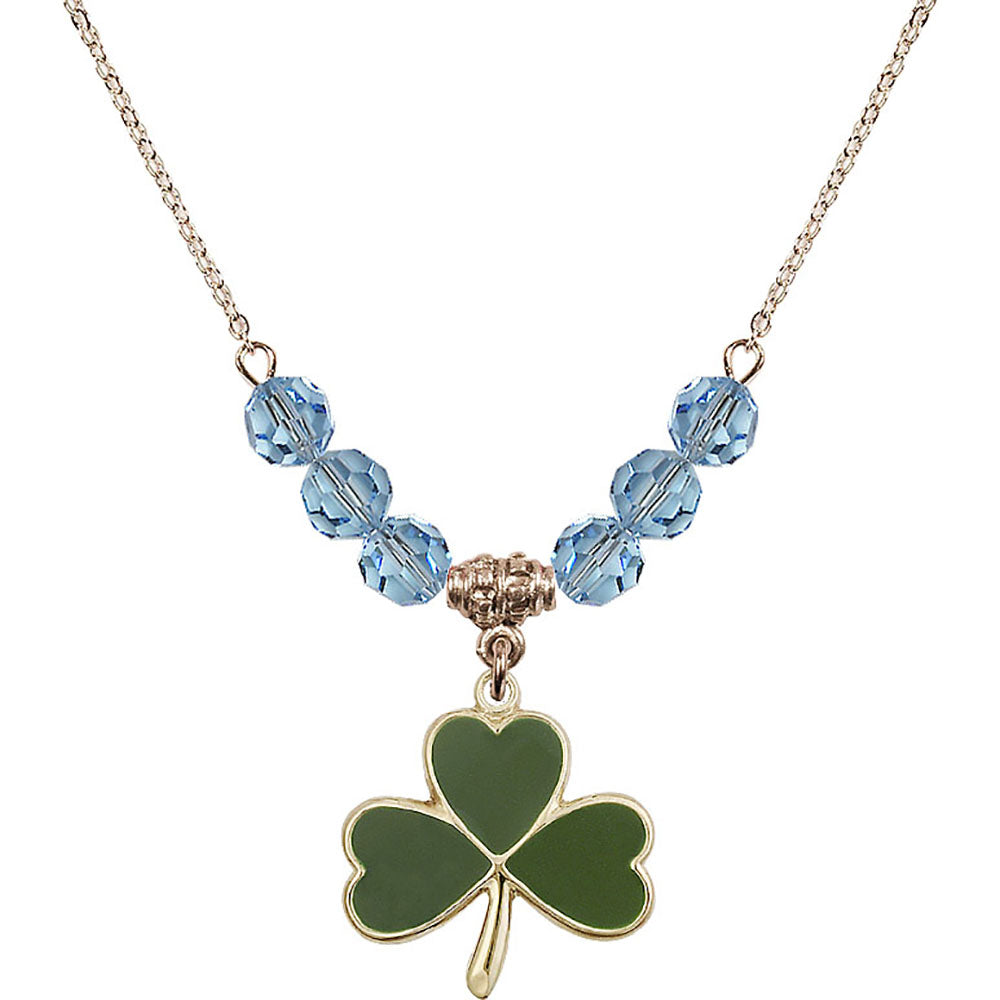 14kt Gold Filled Shamrock Birthstone Necklace with Aqua Beads - 5248