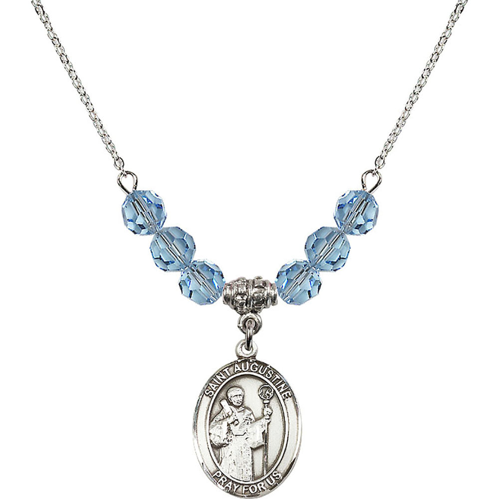 Sterling Silver Saint Augustine Birthstone Necklace with Aqua Beads - 8007
