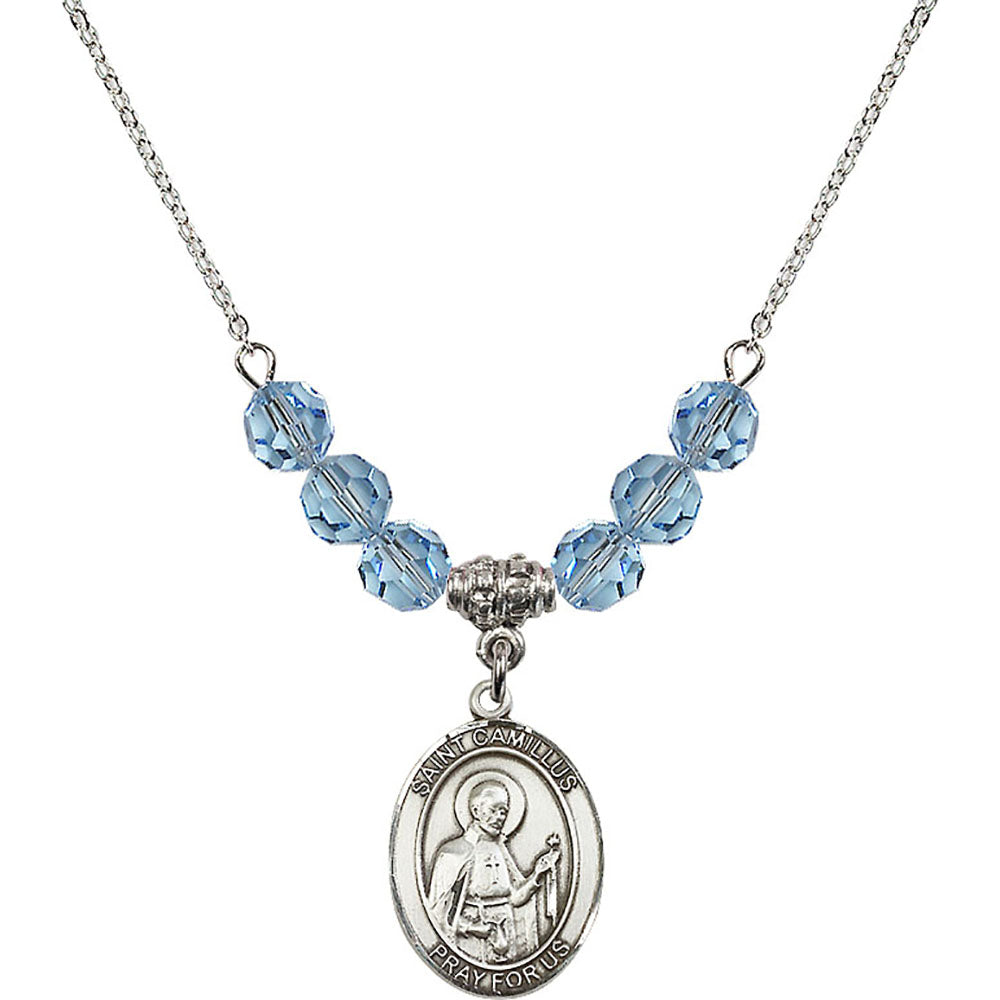 Sterling Silver Saint Camillus of Lellis Birthstone Necklace with Aqua Beads - 8019