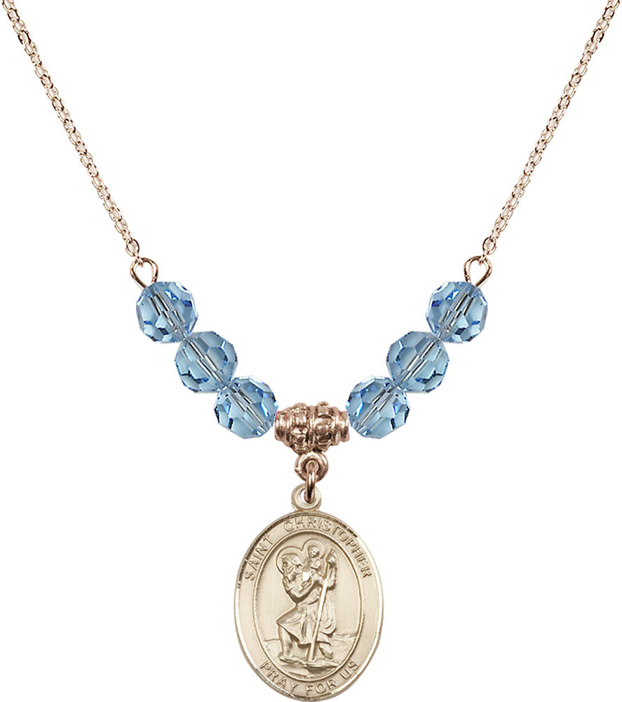 14kt Gold Filled Saint Christopher Birthstone Necklace with Aqua Beads - 8022