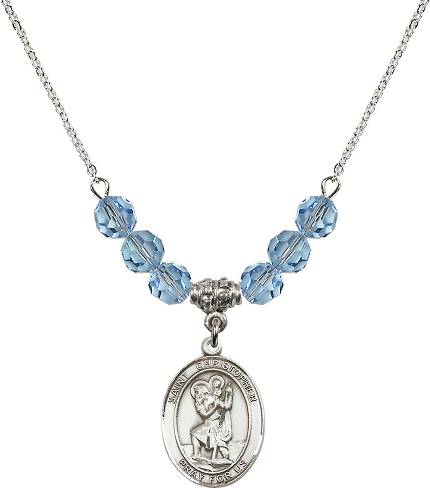 Sterling Silver Saint Christopher Birthstone Necklace with Aqua Beads - 8022