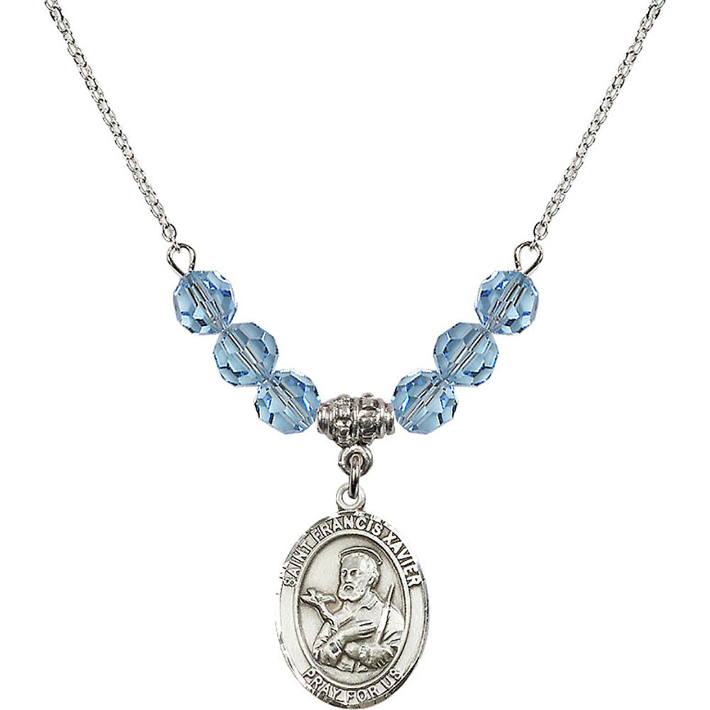 Sterling Silver Saint Francis Xavier Birthstone Necklace with Aqua Beads - 8037
