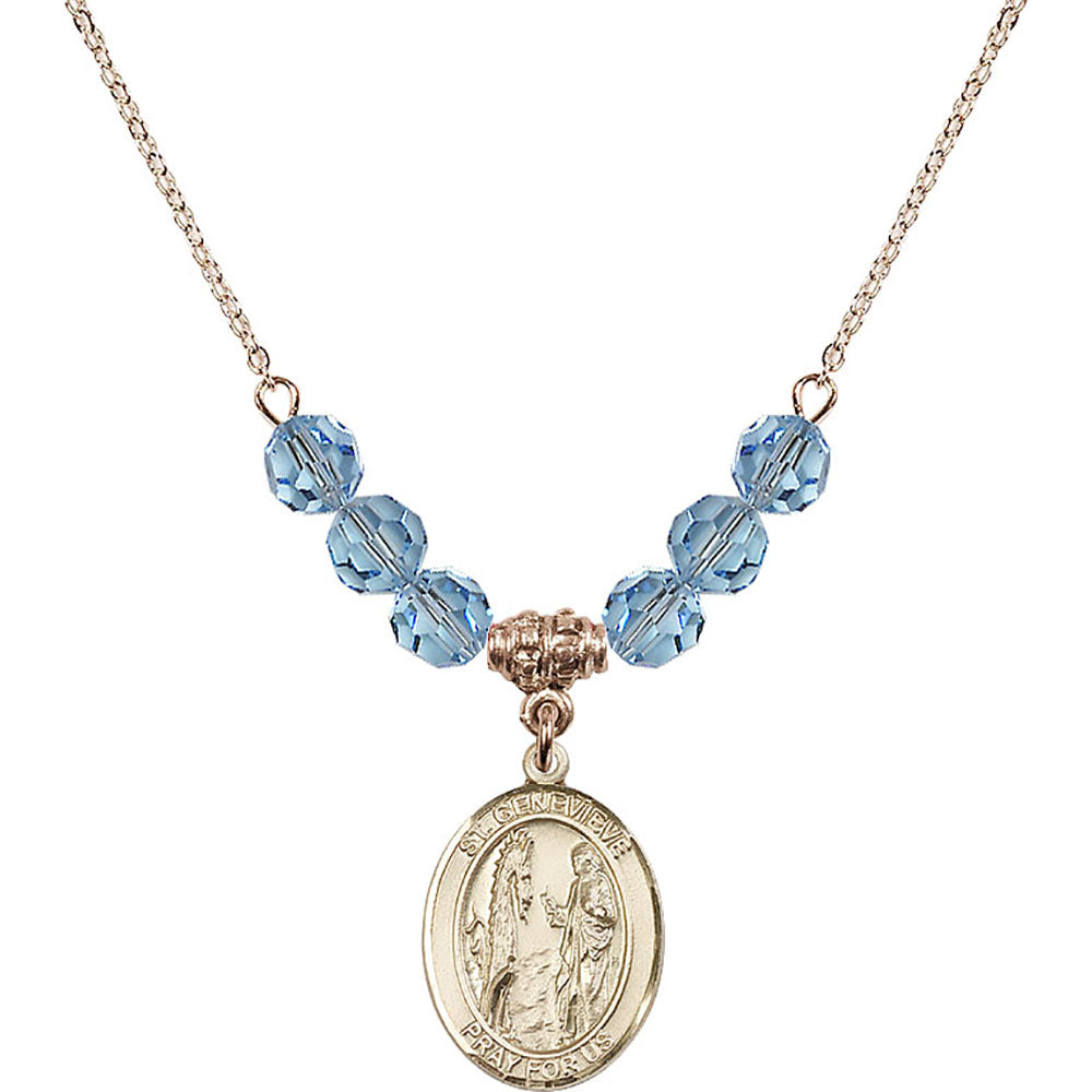 14kt Gold Filled Saint Genevieve Birthstone Necklace with Aqua Beads - 8041