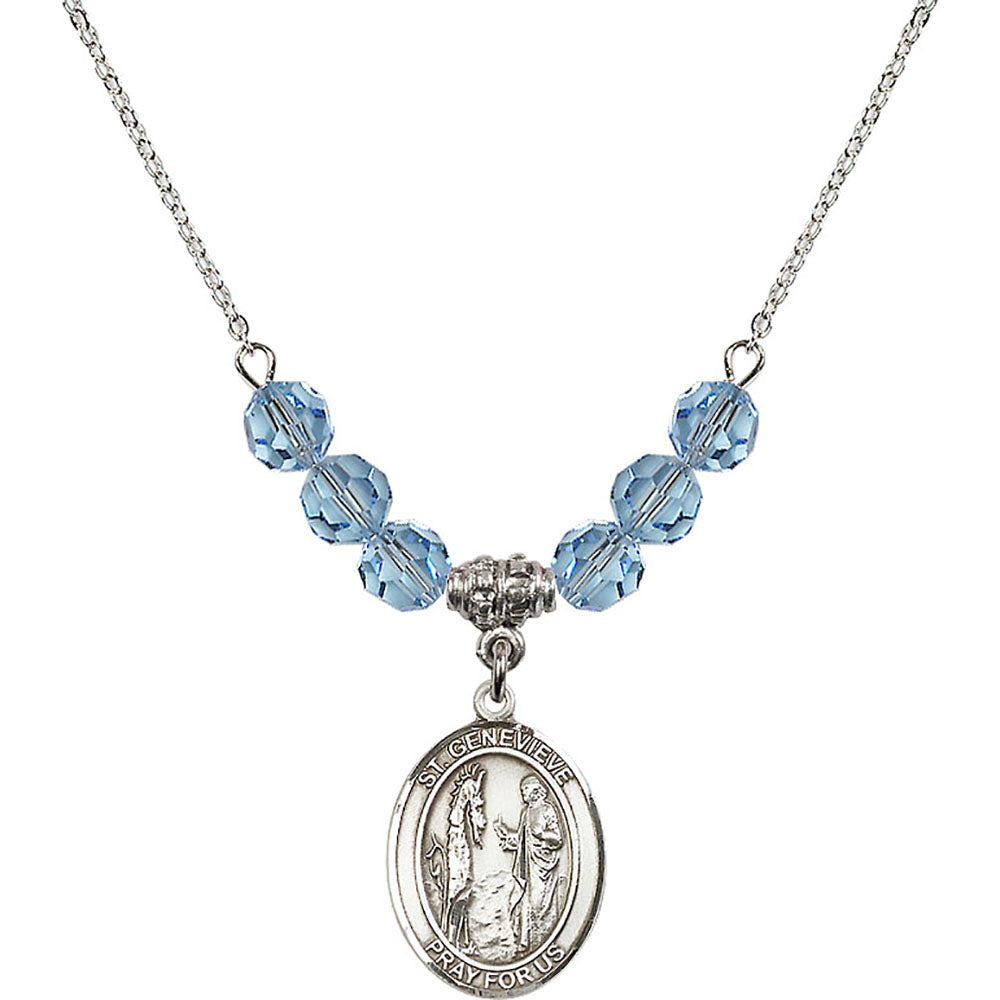 Sterling Silver Saint Genevieve Birthstone Necklace with Aqua Beads - 8041