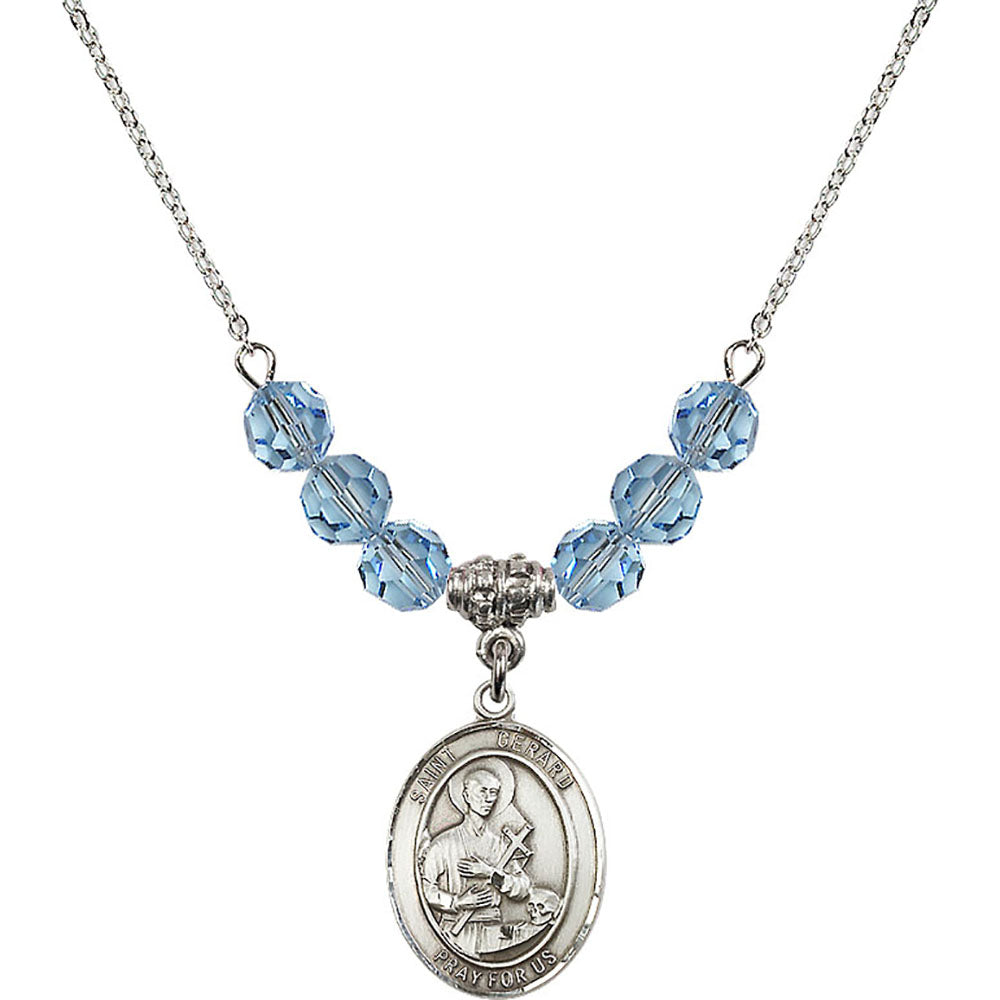 Sterling Silver Saint Gerard Majella Birthstone Necklace with Aqua Beads - 8042