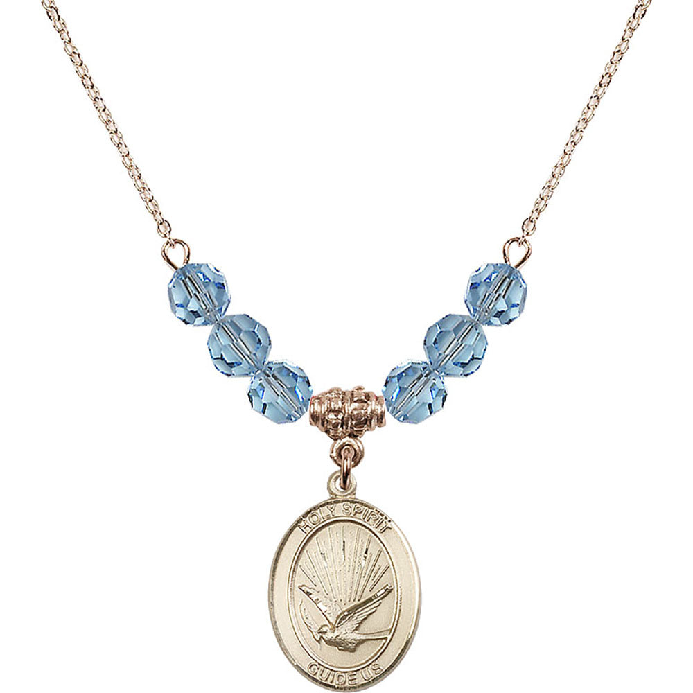 14kt Gold Filled Holy Spirit Birthstone Necklace with Aqua Beads - 8044