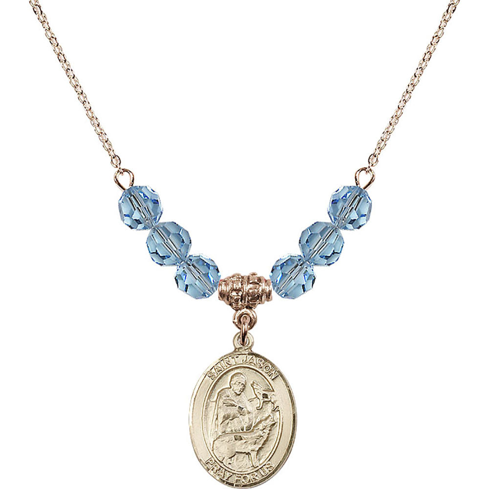 14kt Gold Filled Saint Jason Birthstone Necklace with Aqua Beads - 8051