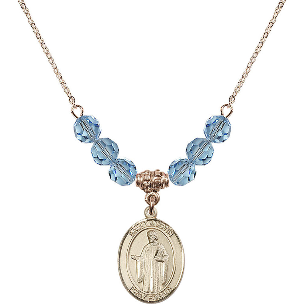 14kt Gold Filled Saint Justin Birthstone Necklace with Aqua Beads - 8052