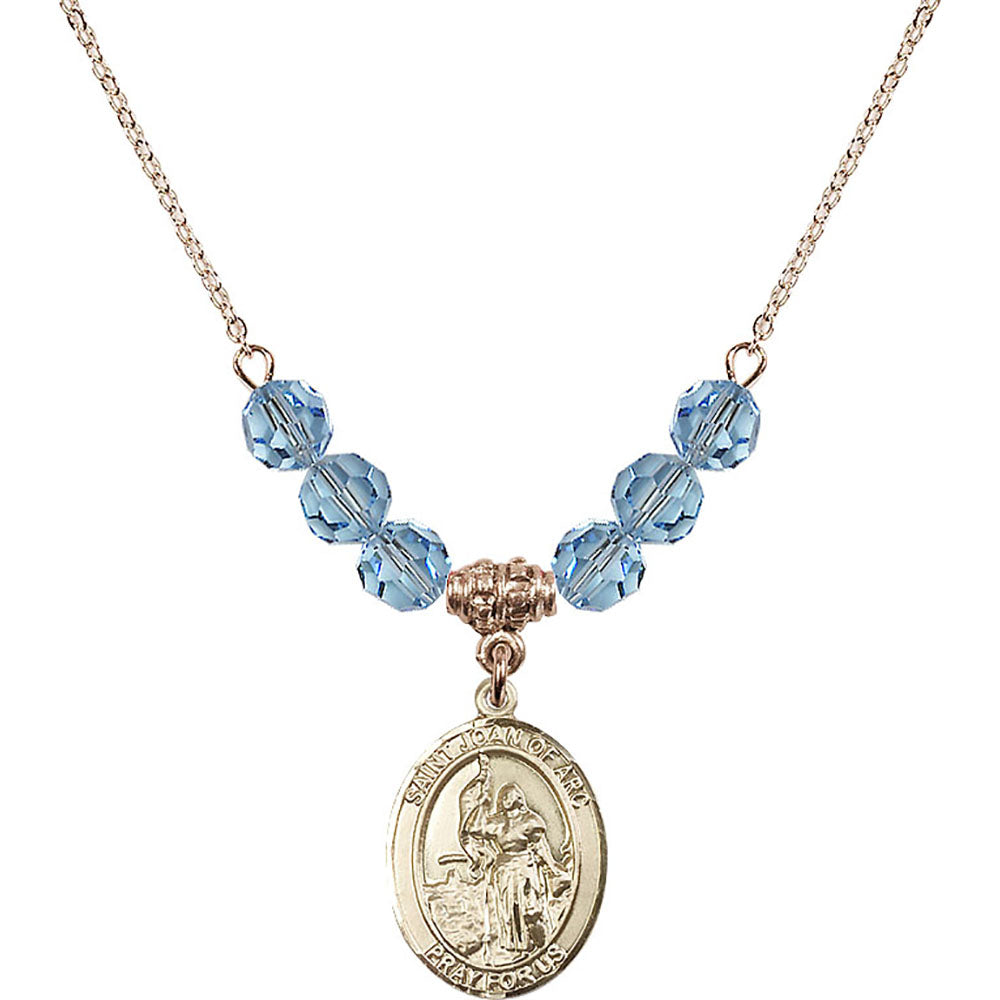 14kt Gold Filled Saint Joan of Arc Birthstone Necklace with Aqua Beads - 8053