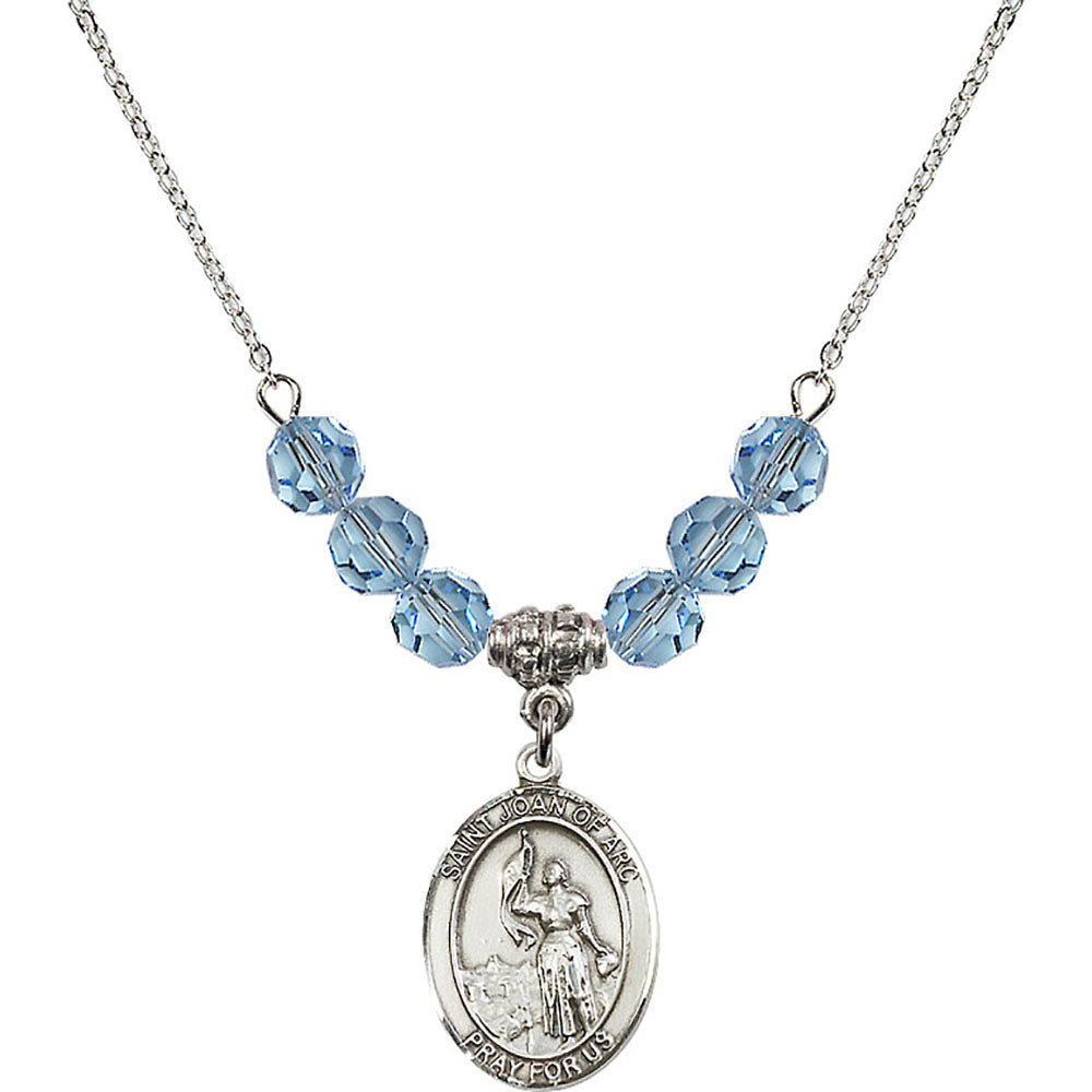 Sterling Silver Saint Joan of Arc Birthstone Necklace with Aqua Beads - 8053