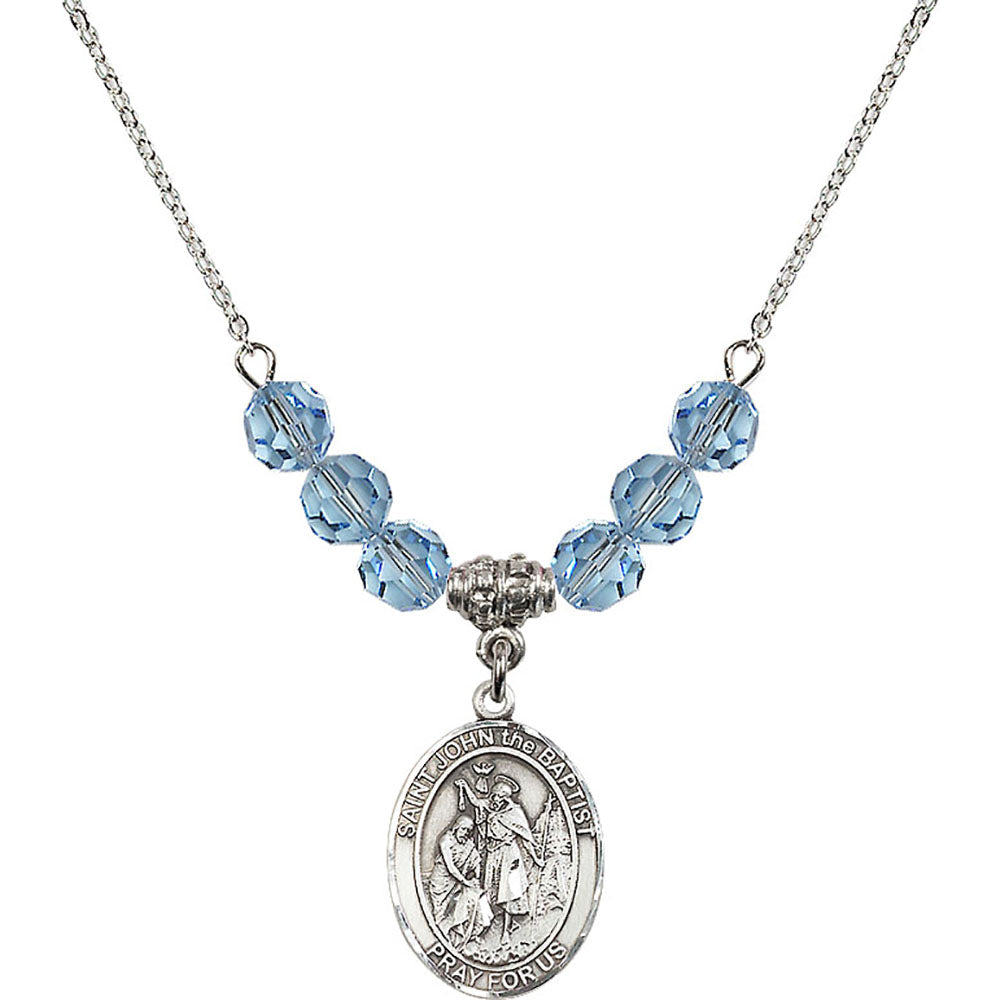 Sterling Silver Saint John the Baptist Birthstone Necklace with Aqua Beads - 8054