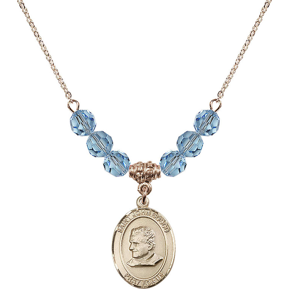 14kt Gold Filled Saint John Bosco Birthstone Necklace with Aqua Beads - 8055