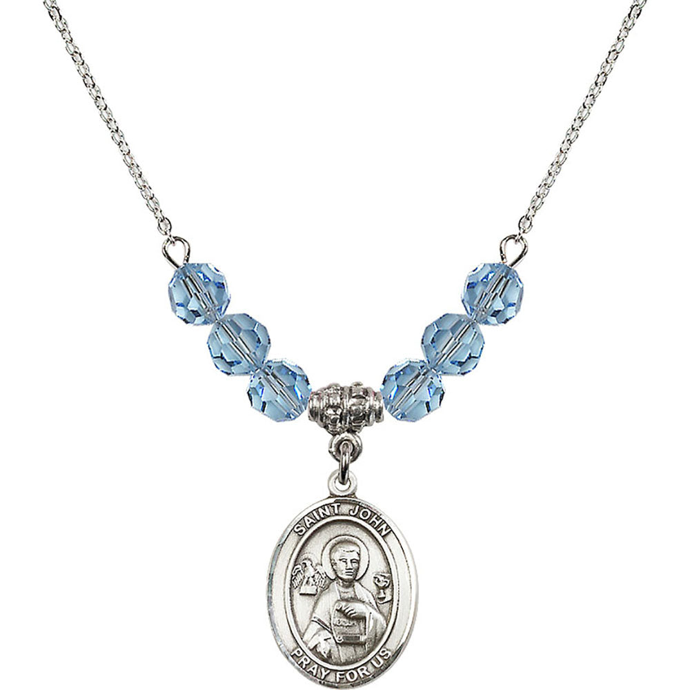 Sterling Silver Saint John the Apostle Birthstone Necklace with Aqua Beads - 8056