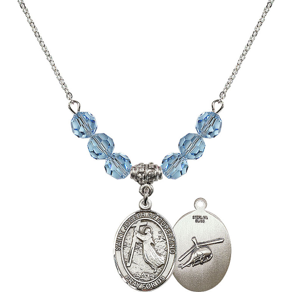 Sterling Silver Saint Joseph of Cupertino/Helecopter Birthstone Necklace with Aqua Beads - 8057