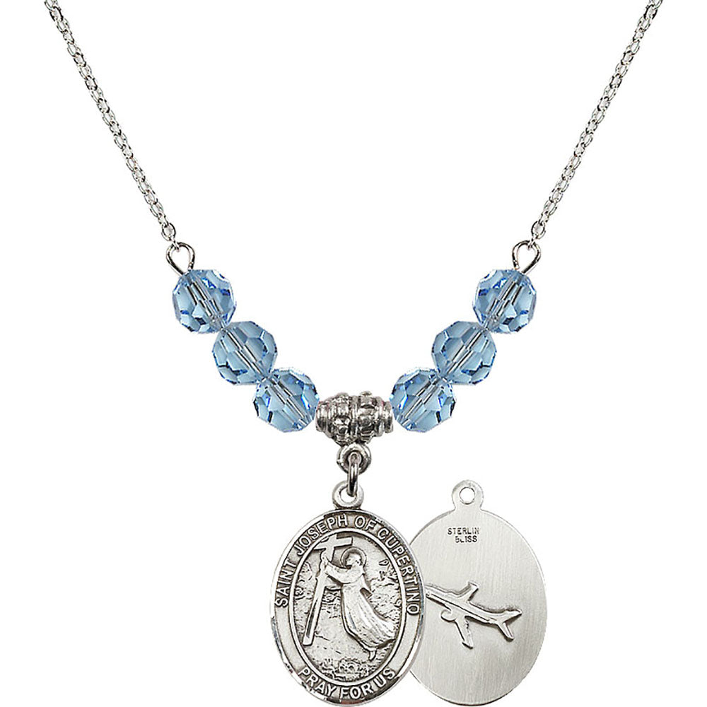 Sterling Silver Saint Joseph of Cupertino Birthstone Necklace with Aqua Beads - 8057