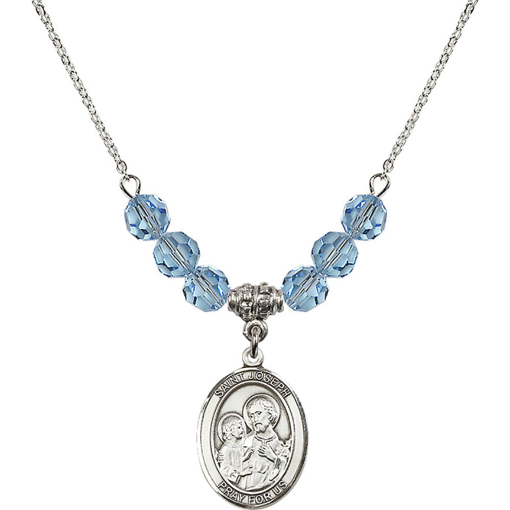 Sterling Silver Saint Joseph Birthstone Necklace with Aqua Beads - 8058