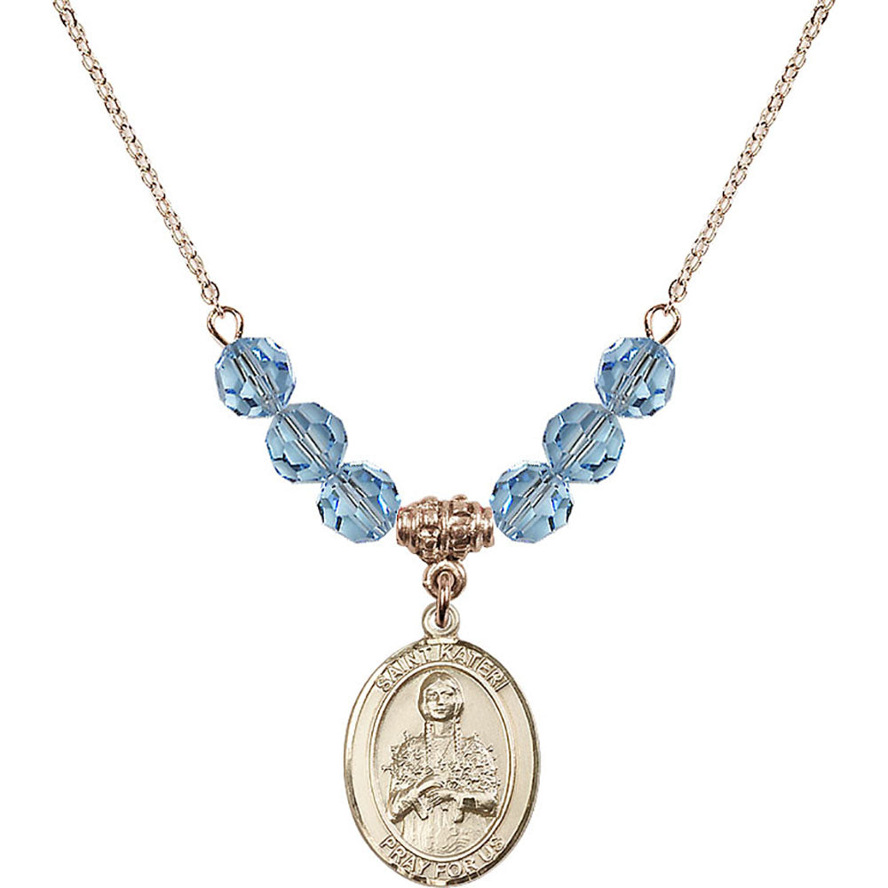 14kt Gold Filled Saint Kateri Tekakwitha Birthstone Necklace with Aqua Beads - 8061