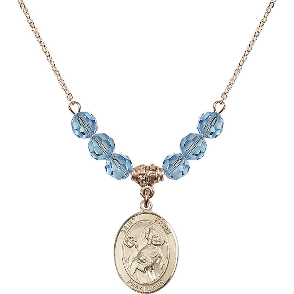 14kt Gold Filled Saint Kevin Birthstone Necklace with Aqua Beads - 8062