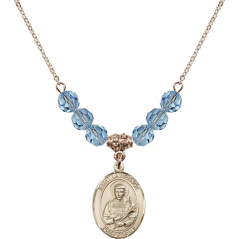 14kt Gold Filled Saint Lawrence Birthstone Necklace with Aqua Beads - 8063