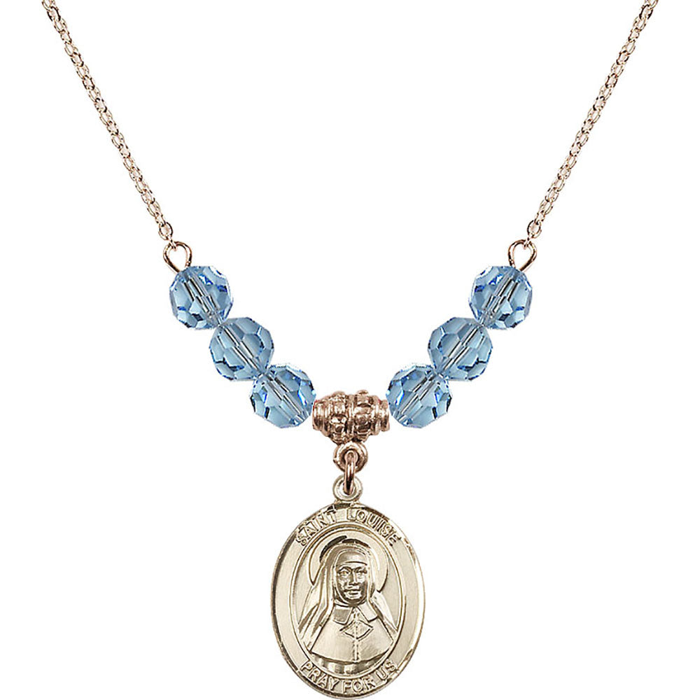 14kt Gold Filled Saint Louise de Marillac Birthstone Necklace with Aqua Beads - 8064