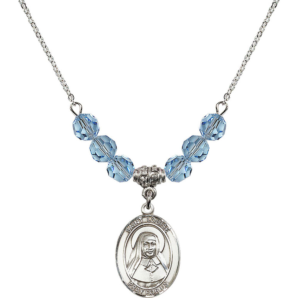 Sterling Silver Saint Louise de Marillac Birthstone Necklace with Aqua Beads - 8064