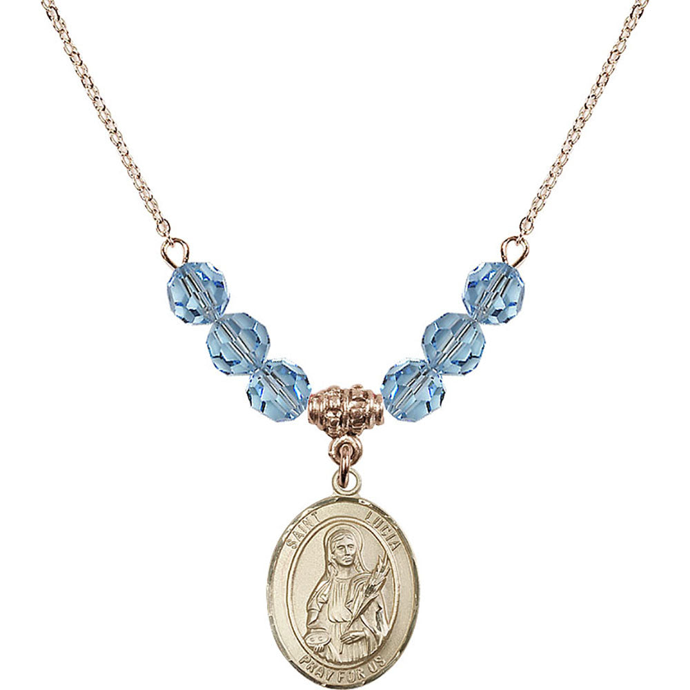 14kt Gold Filled Saint Lucia of Syracuse Birthstone Necklace with Aqua Beads - 8065
