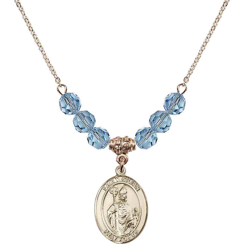 14kt Gold Filled Saint Kilian Birthstone Necklace with Aqua Beads - 8067