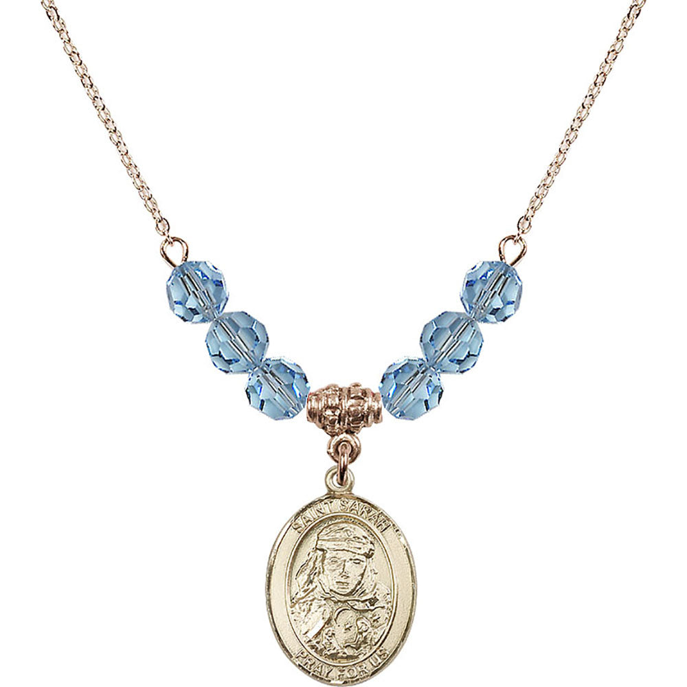 14kt Gold Filled Saint Sarah Birthstone Necklace with Aqua Beads - 8097