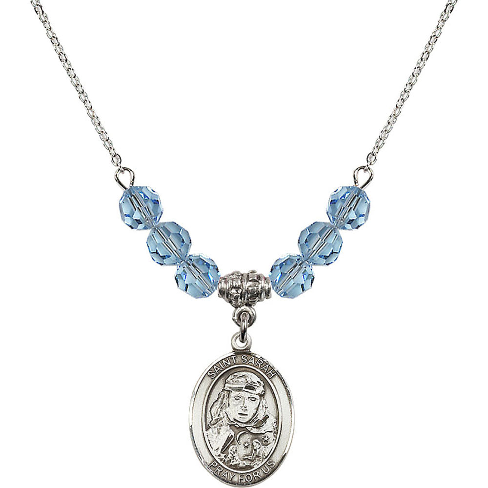 Sterling Silver Saint Sarah Birthstone Necklace with Aqua Beads - 8097