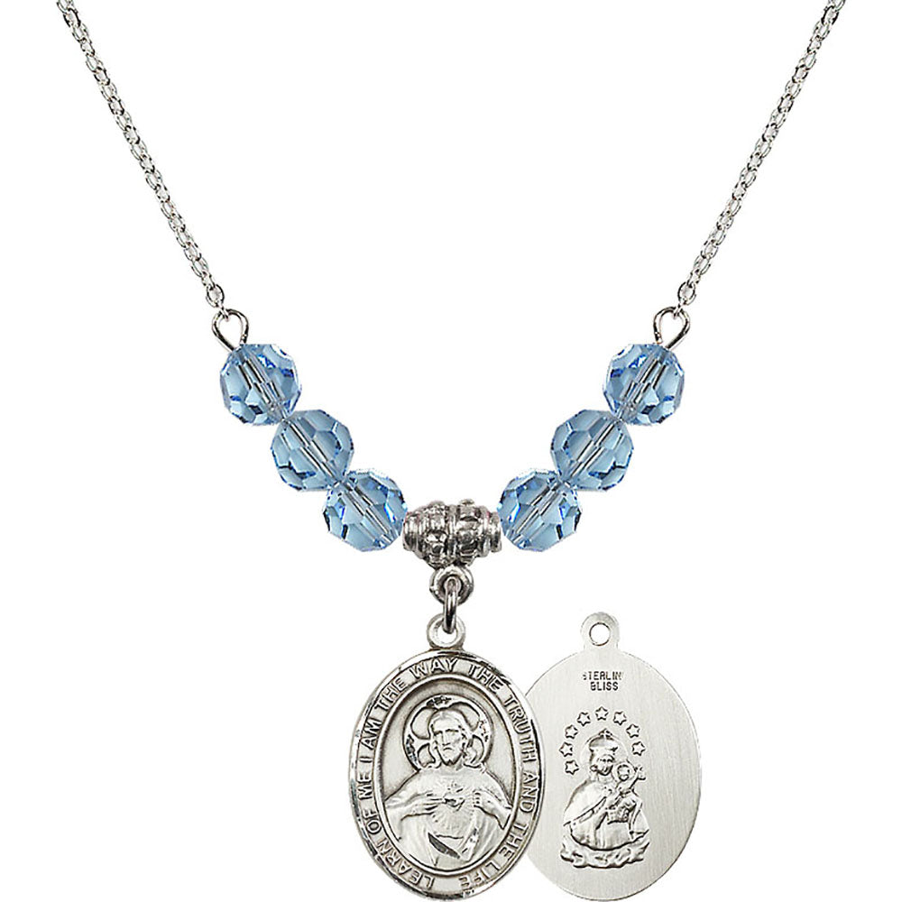 Sterling Silver Scapular Birthstone Necklace with Aqua Beads - 8098