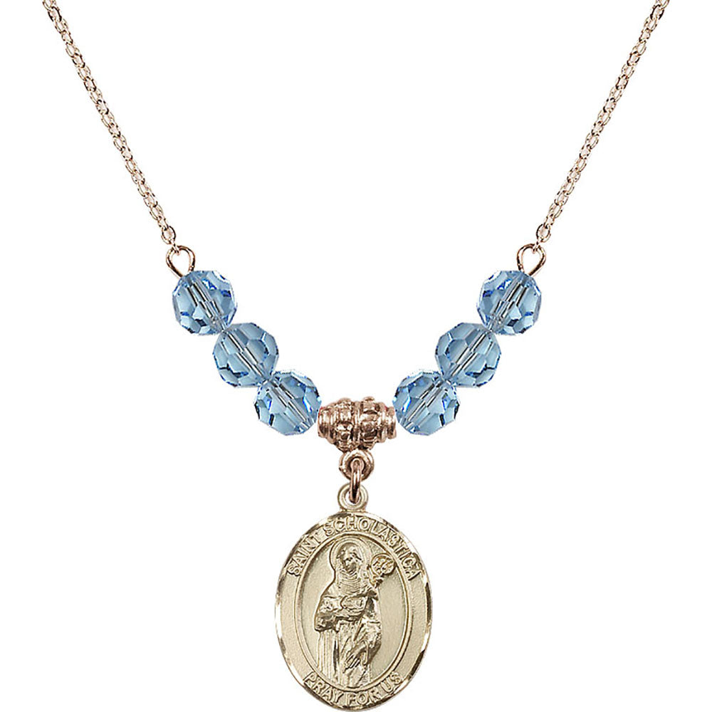 14kt Gold Filled Saint Scholastica Birthstone Necklace with Aqua Beads - 8099