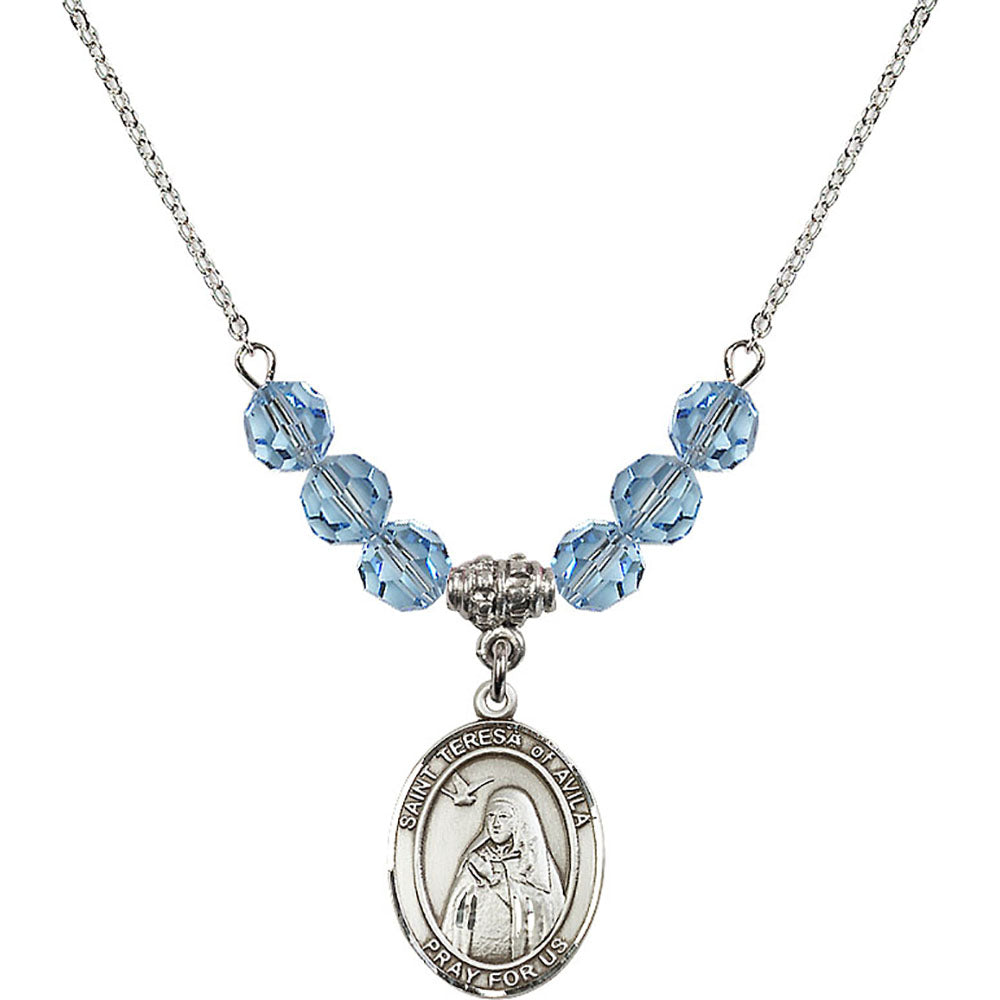Sterling Silver Saint Teresa of Avila Birthstone Necklace with Aqua Beads - 8102